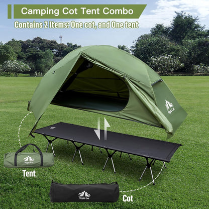 Night Cat Camping Cot Tent- Waterproof 1-Person Off-Ground Combo Cot Bed For Adults Portable Easy Set-Up Tent