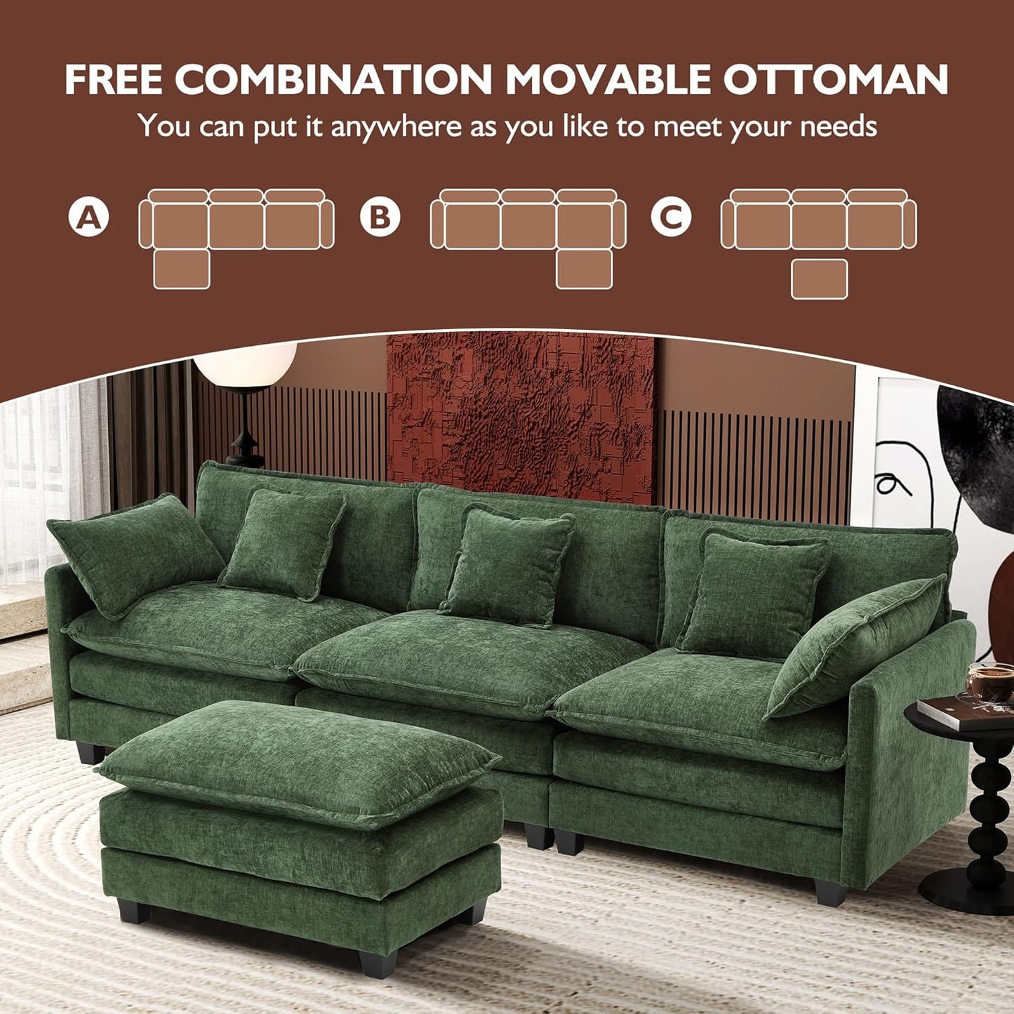 111.4 In. L-Shaped Modern Sofa Modular Cloud Sofa Ottoman 4-Seater Chenille Deep Seat Sofa