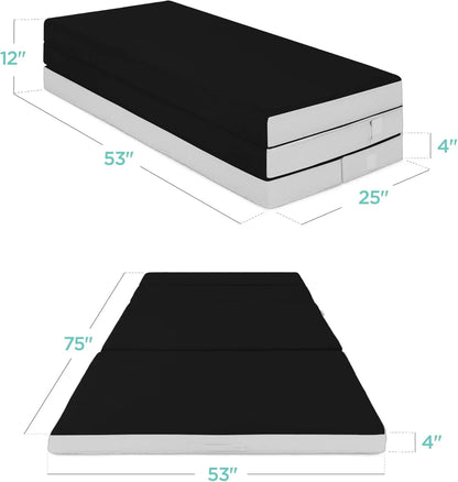 Best Choice Products 4 In. Portable Queen-Size Mattress, Tri-Fold Mattress For Camping, Guest, Toddler, Foam Plush w/Carry Case- Grey