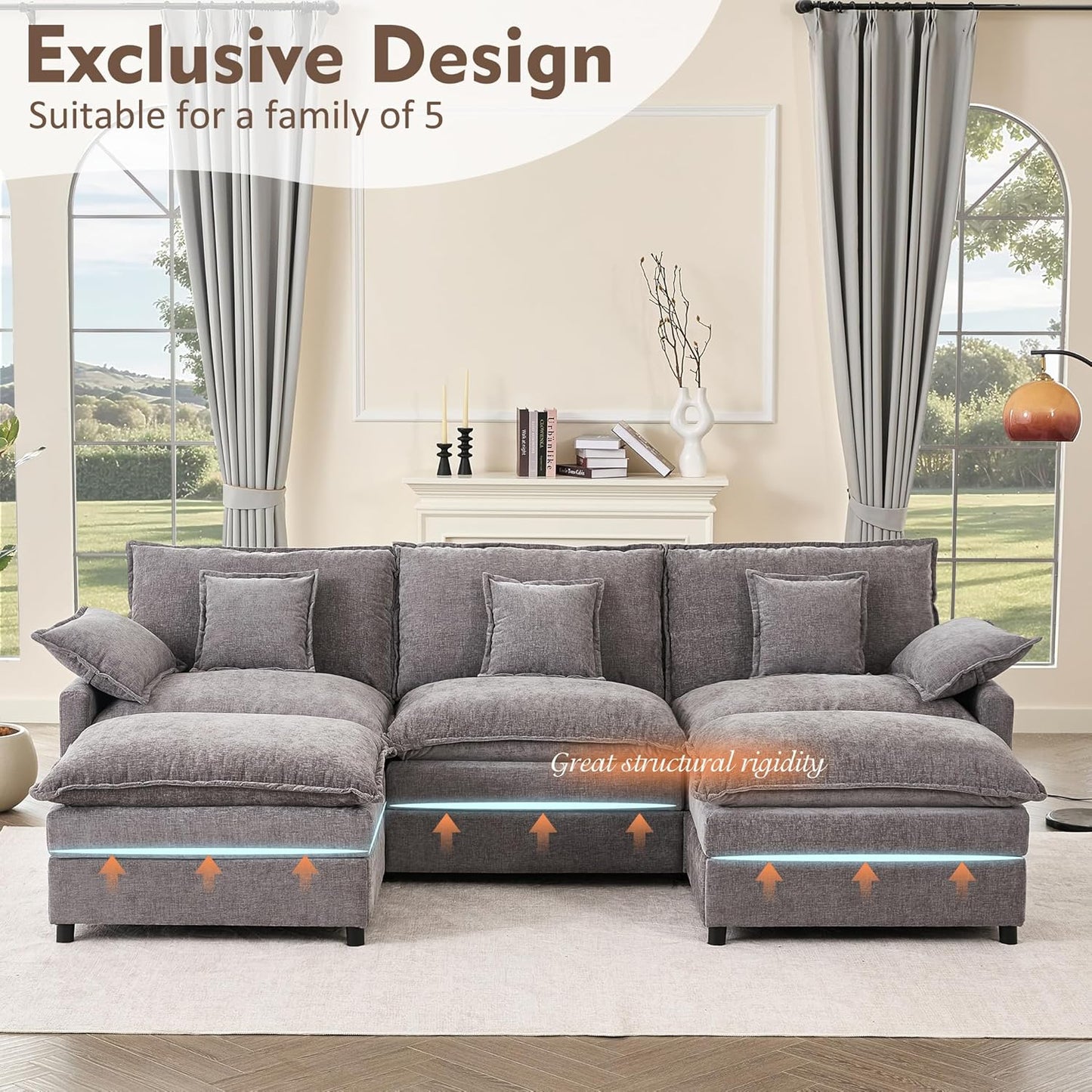 108 In. U Shape Sofa Sectional Sofa Comfortable Cloud Sofa With Removable Footstool