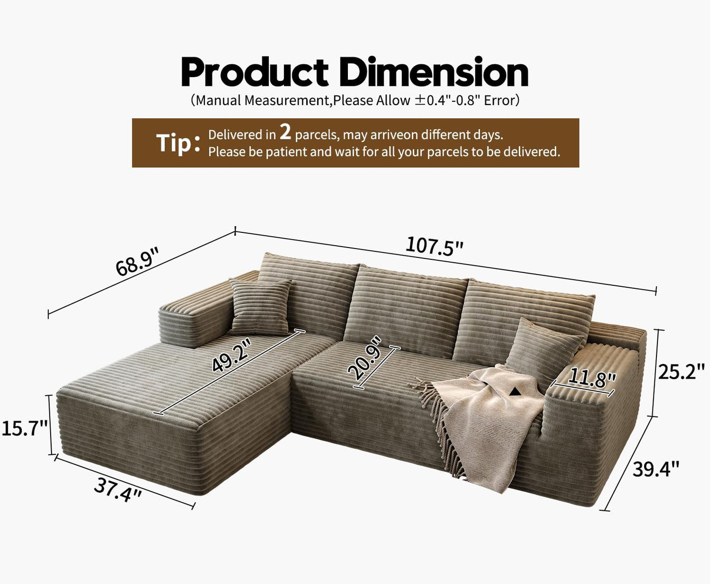 107.5 In. Cloud Modular Sectional Sofa Couch With L-Shape Chaise, Modern Minimalist Upholstered Couches For Living Room Bedroom