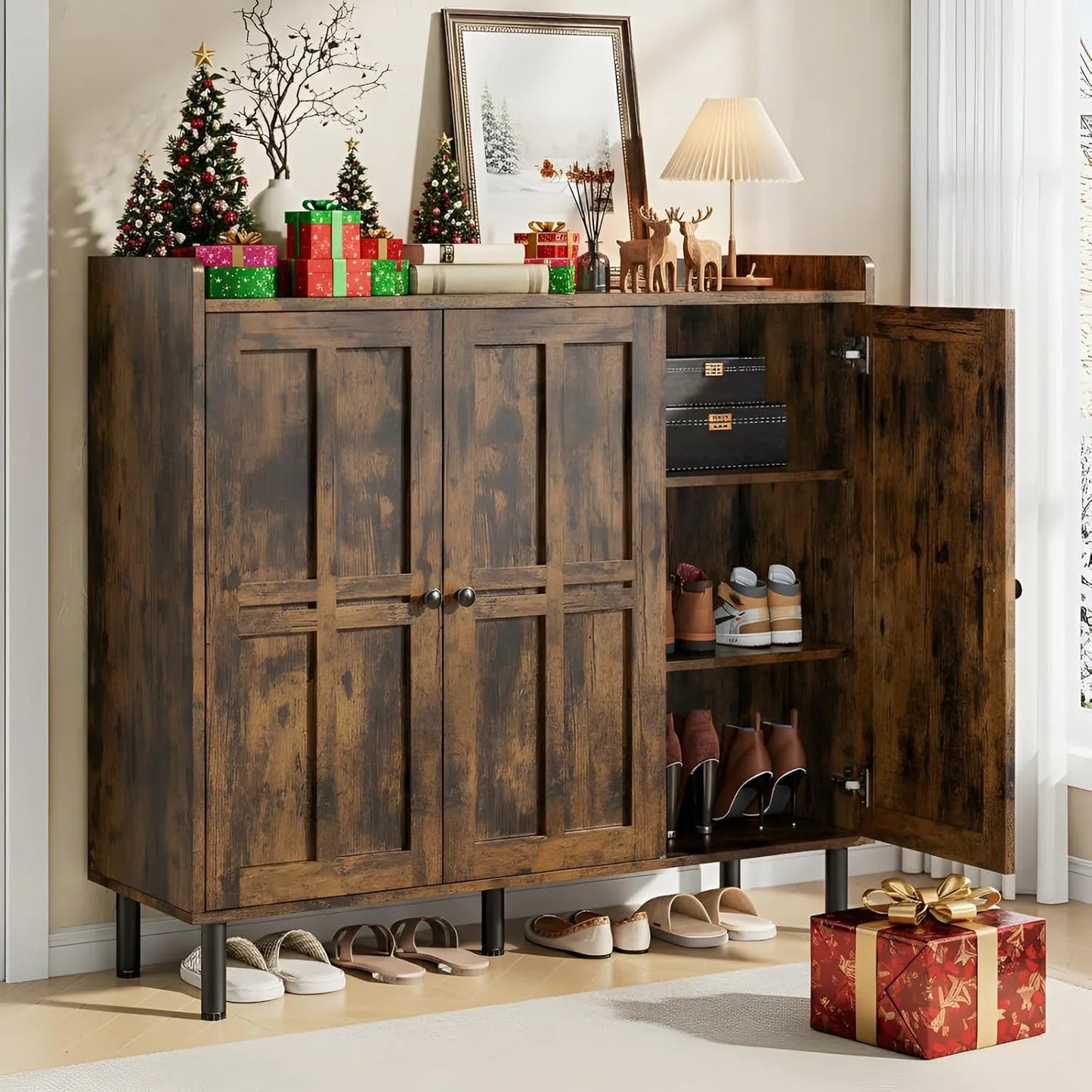 Onbrill Shoe Cabinet With 3 Doors And Adjustable Shelves, 30 Pairs Shoe Storage Cabinet
