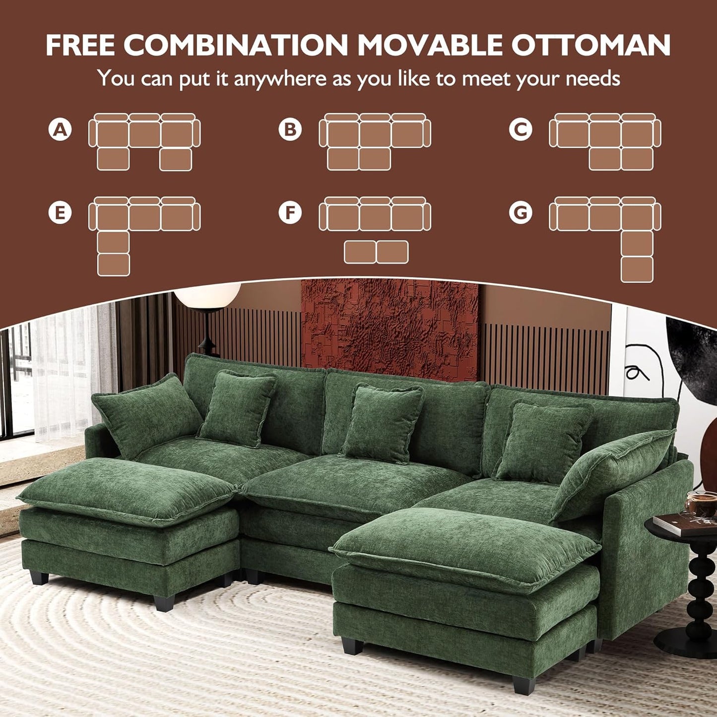 111.4 In. L-Shaped Modern Sofa Modular Cloud Sofa Ottoman 4-Seater Chenille Deep Seat Sofa