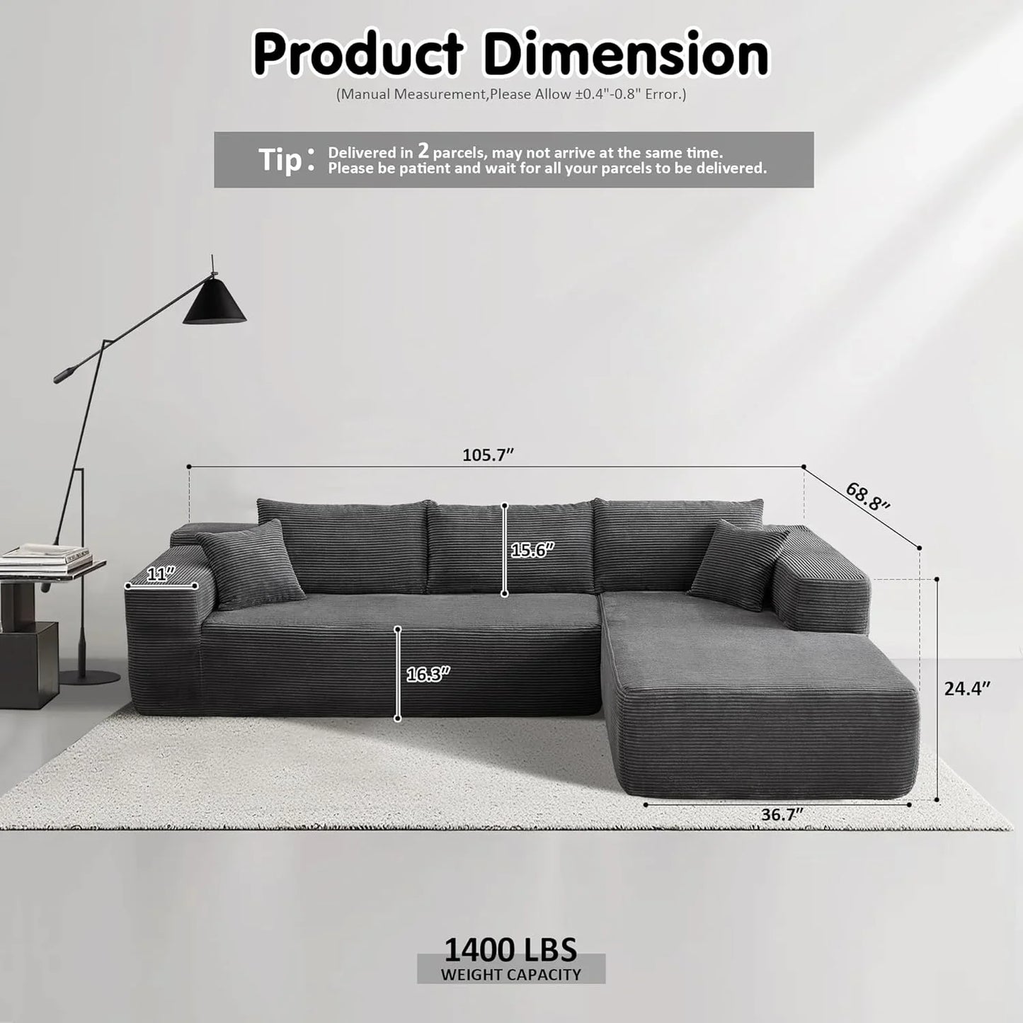 Ovios 104 In. Cloud Sectional Couch With L-Shape Chaise, Modern Modular Sofa With Deep Seat, Upholstered Couches For Living Room Bedroom