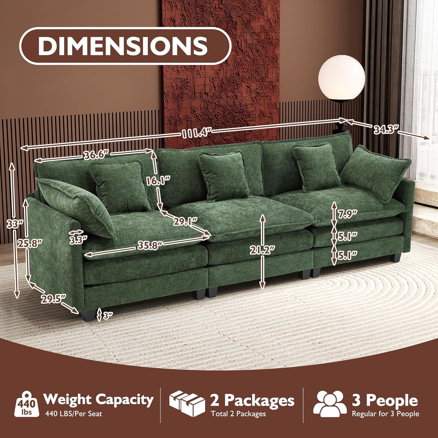 Ihanherry 146 In. U-Shaped Modern Sofa Modular Sectional Cloud Couch With 2 Ottoman