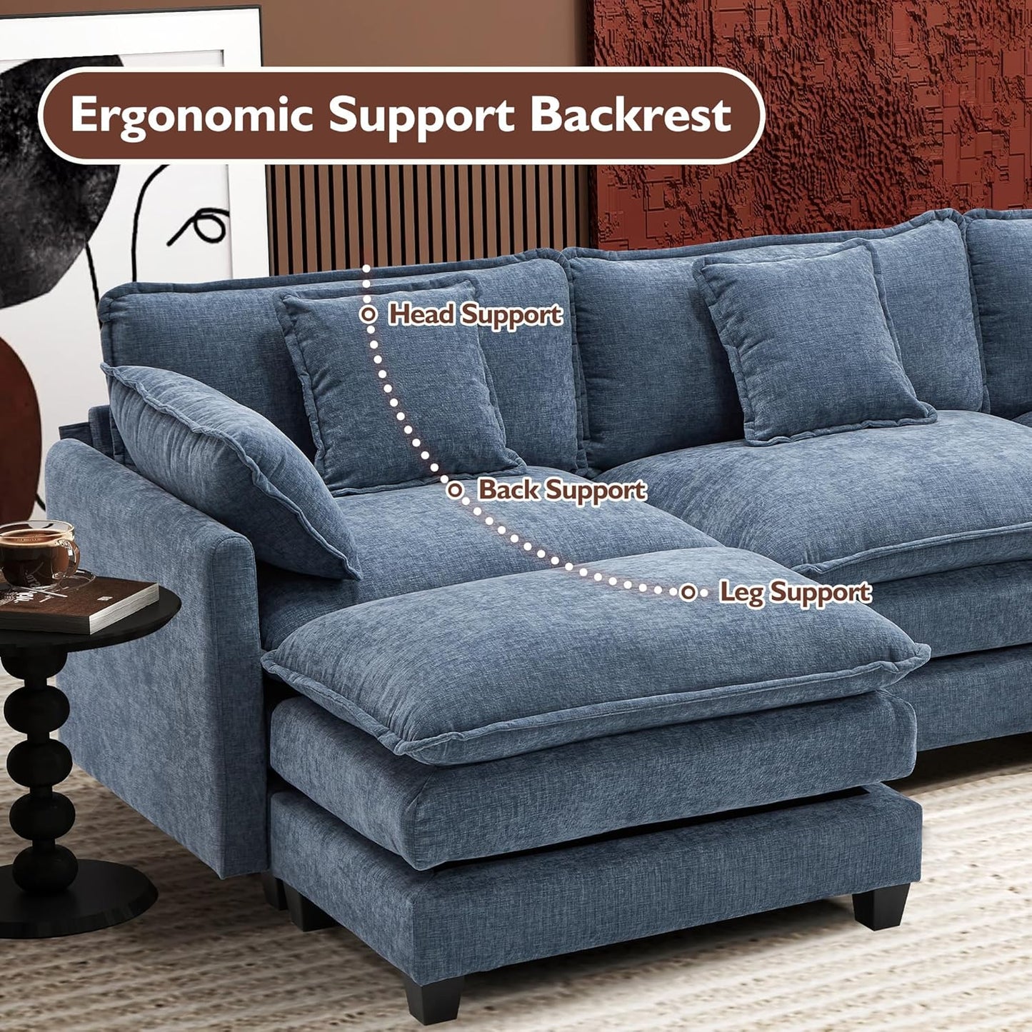 111.4 In. L-Shaped Modern Sofa Modular Cloud Sofa Ottoman 4-Seater Chenille Deep Seat Sofa