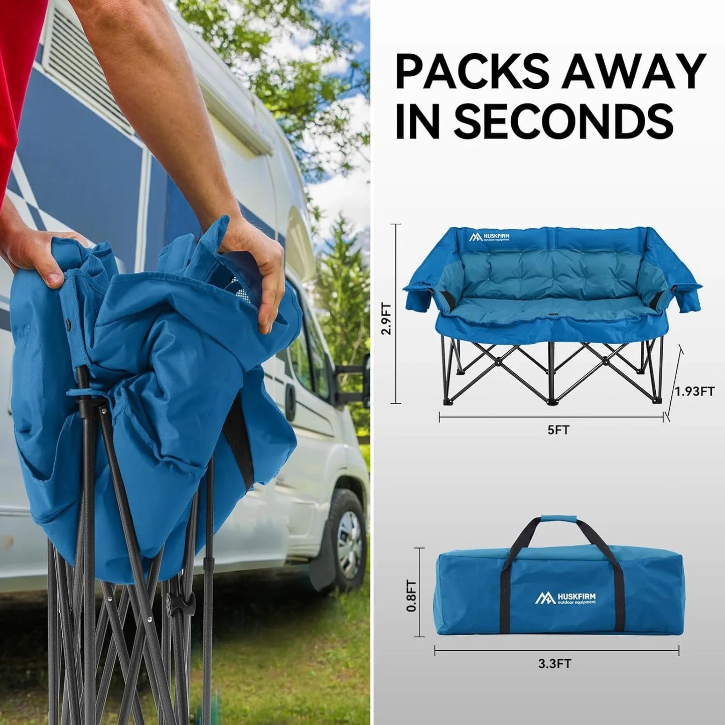 Double Camping Chairs Padded Loveseat Chair For 2 Person- Heavy Duty Oversized Camping Couch For Adults Outdoor Lawn Beach- Portable Folding