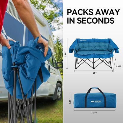 Double Camping Chairs Padded Loveseat Chair For 2 Person- Heavy Duty Oversized Camping Couch For Adults Outdoor Lawn Beach- Portable Folding