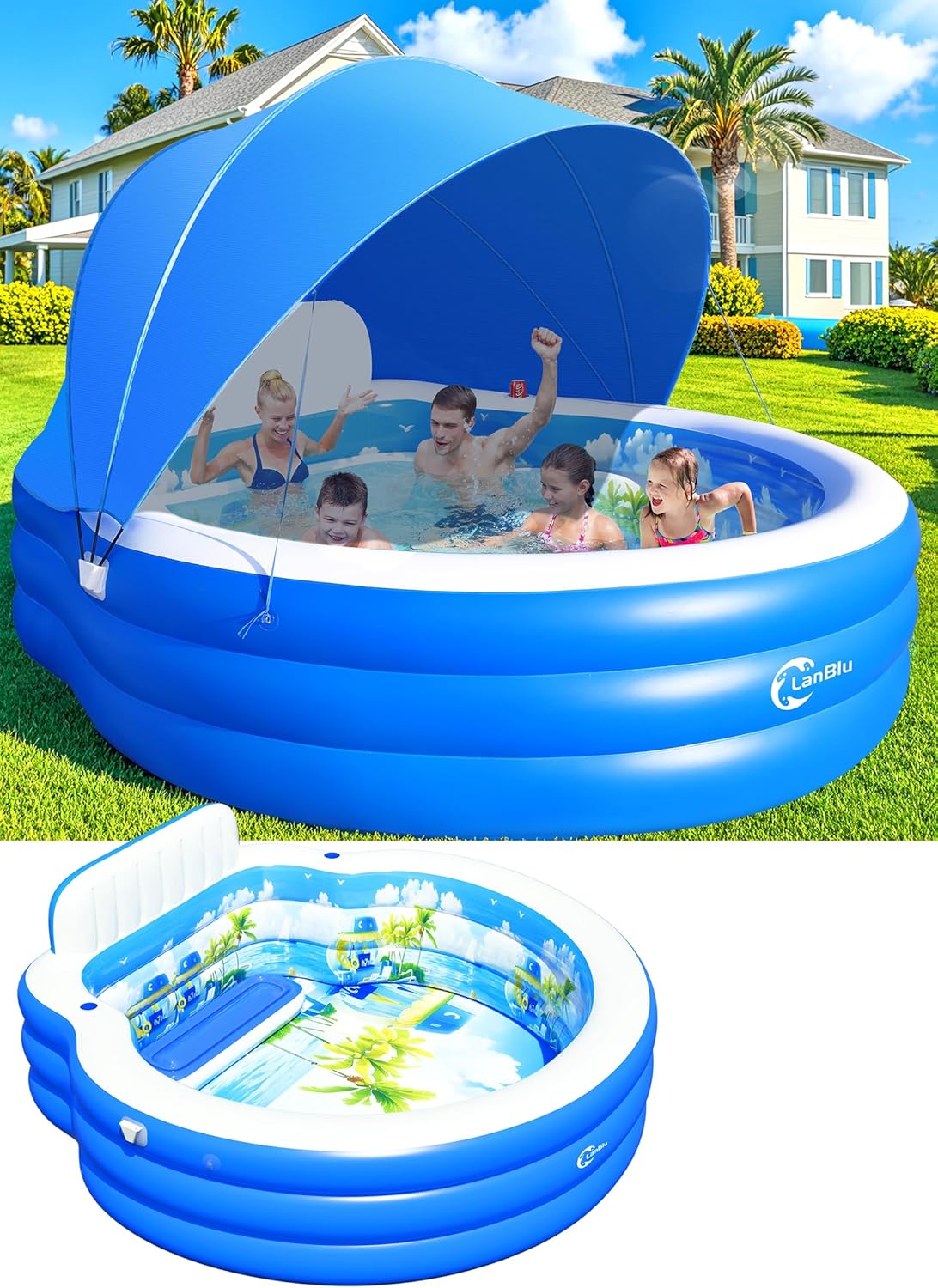 Upgraded Inflatable Pool With Canopy, Inflatable Family Lounge Pool, Round Blow Up Pool For Adult With Bench And Backrest