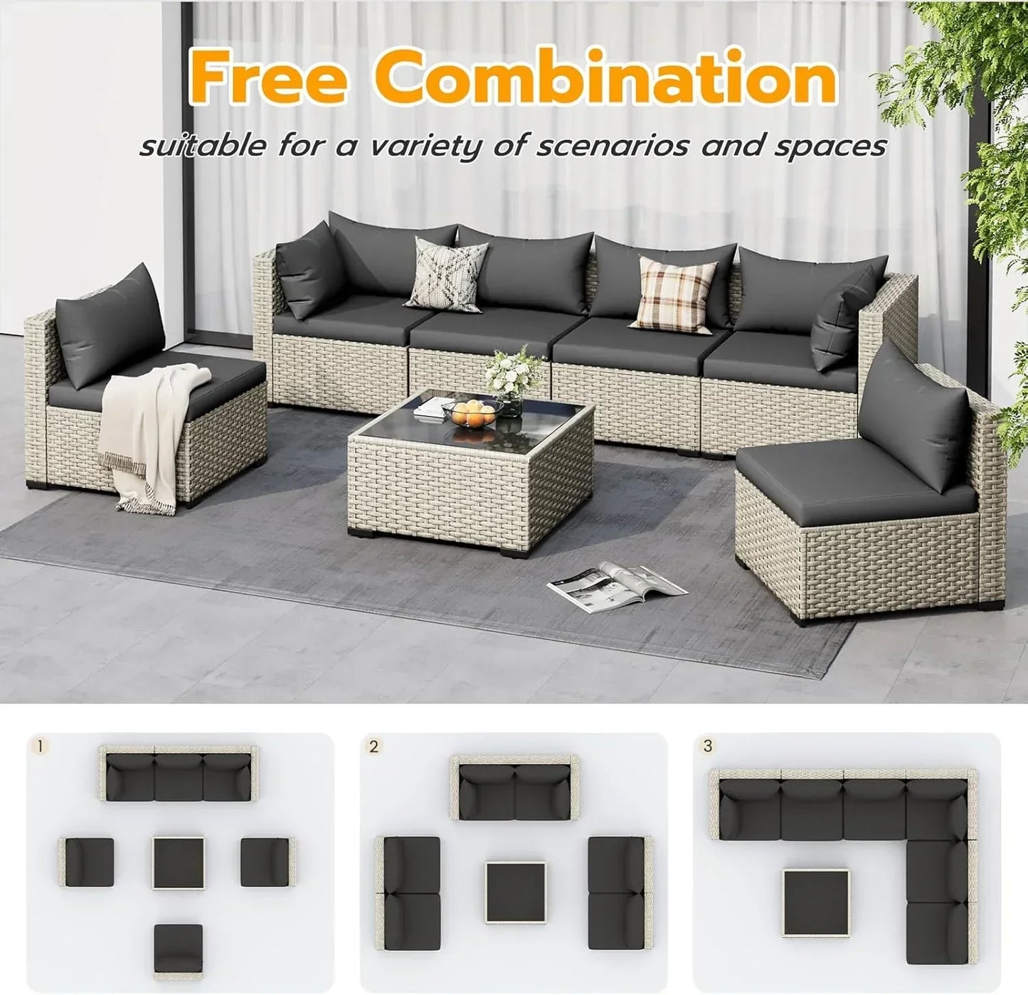 Udpatio Outdoor Patio Furniture Set 7-Piece PE Wicker Sectional Sofa Outdoor Conversation Set