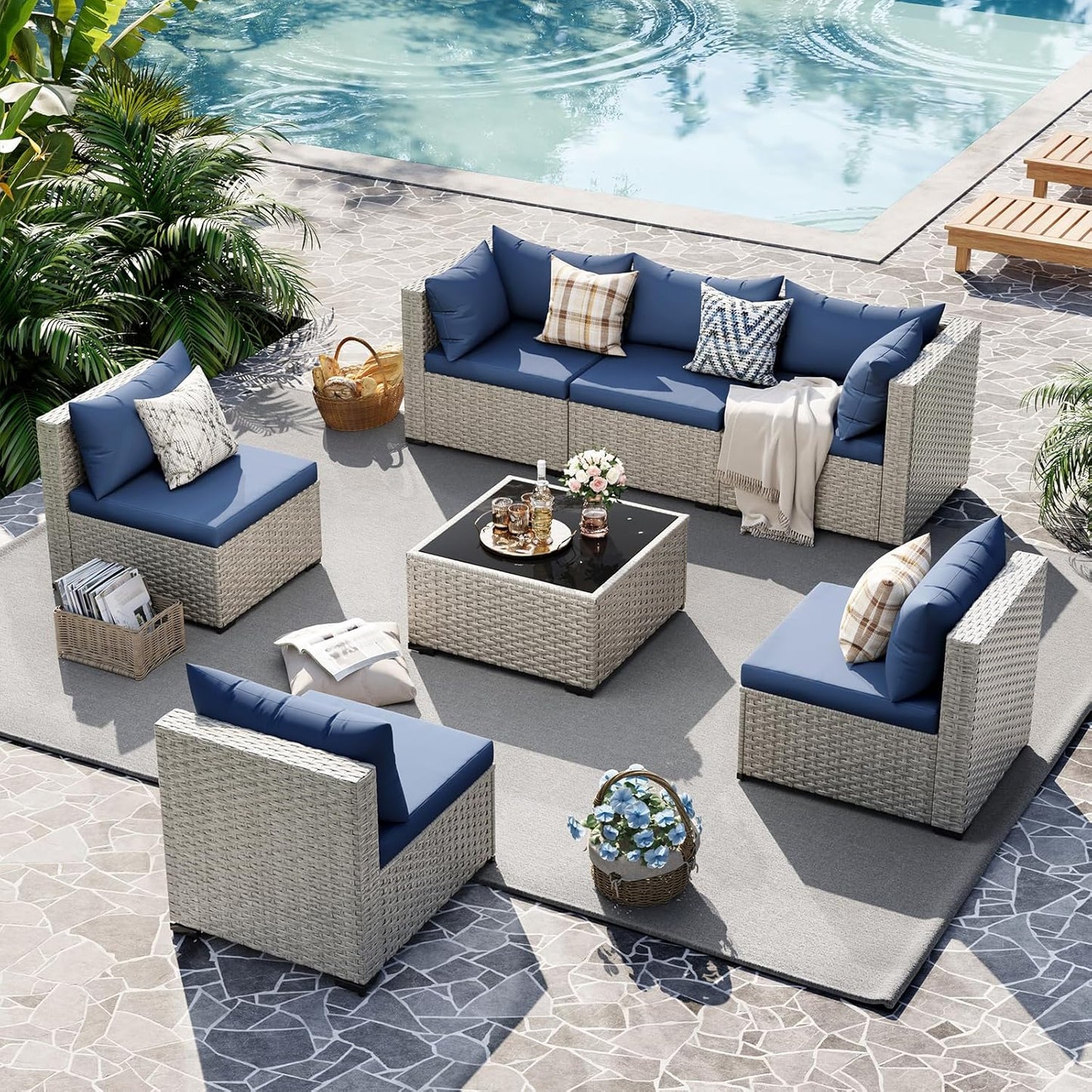 Udpatio Outdoor Patio Furniture Set 7-Piece PE Wicker Sectional Sofa Outdoor Conversation Set