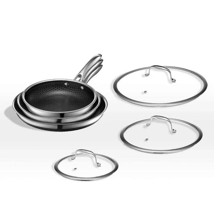 HexClad 6 Piece Hybrid Stainless Steel Cookware Pan Set 8 In. 10 In. 12 In. With Glass Lids Size, One Size Black