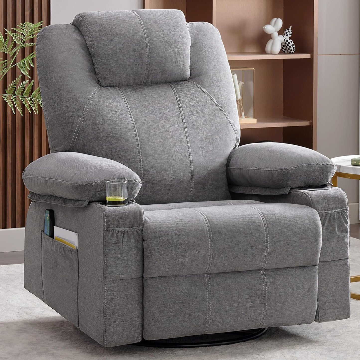 Oversized Swivel Rocker Recliner Chair With Heat And Massage, 360 Degree Swivel Rocking Single Sofa With Cup Holders And USB Port