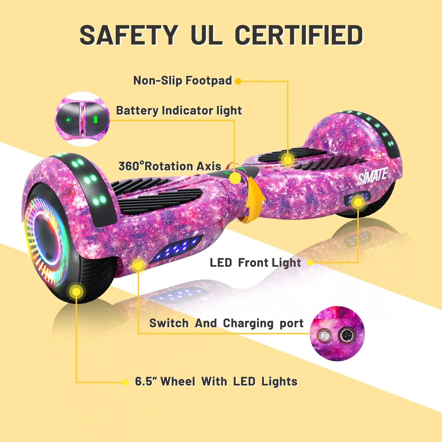 Simate 6.5 In. Hoverboard With Bluetooth And LED Lights