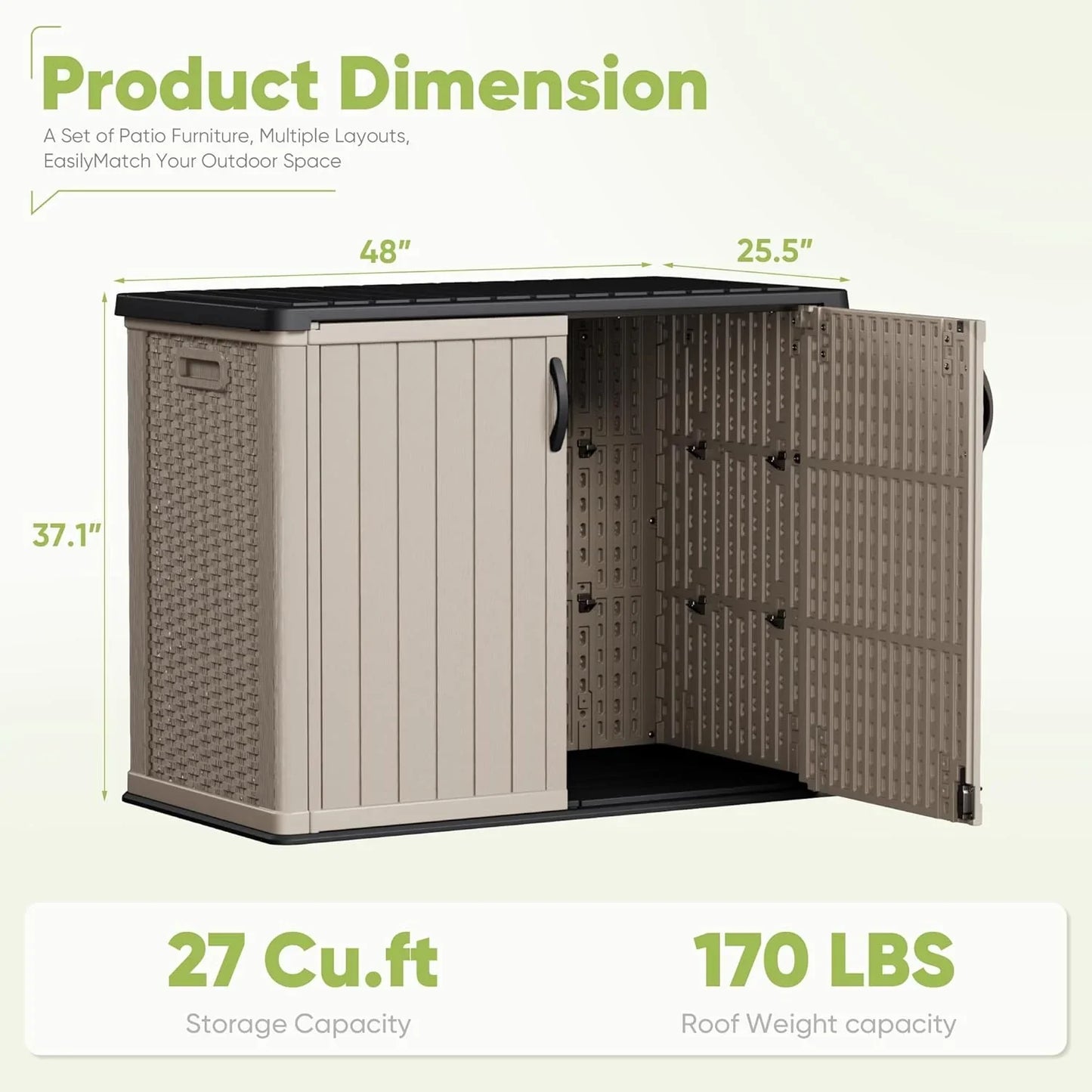 Devoko Outdoor Storage Cabinet 26 Cu. Ft. With Lockable Doors, Horizontal Storage Shed Waterproof Patio Tools Storage Box For Sofa Cushions