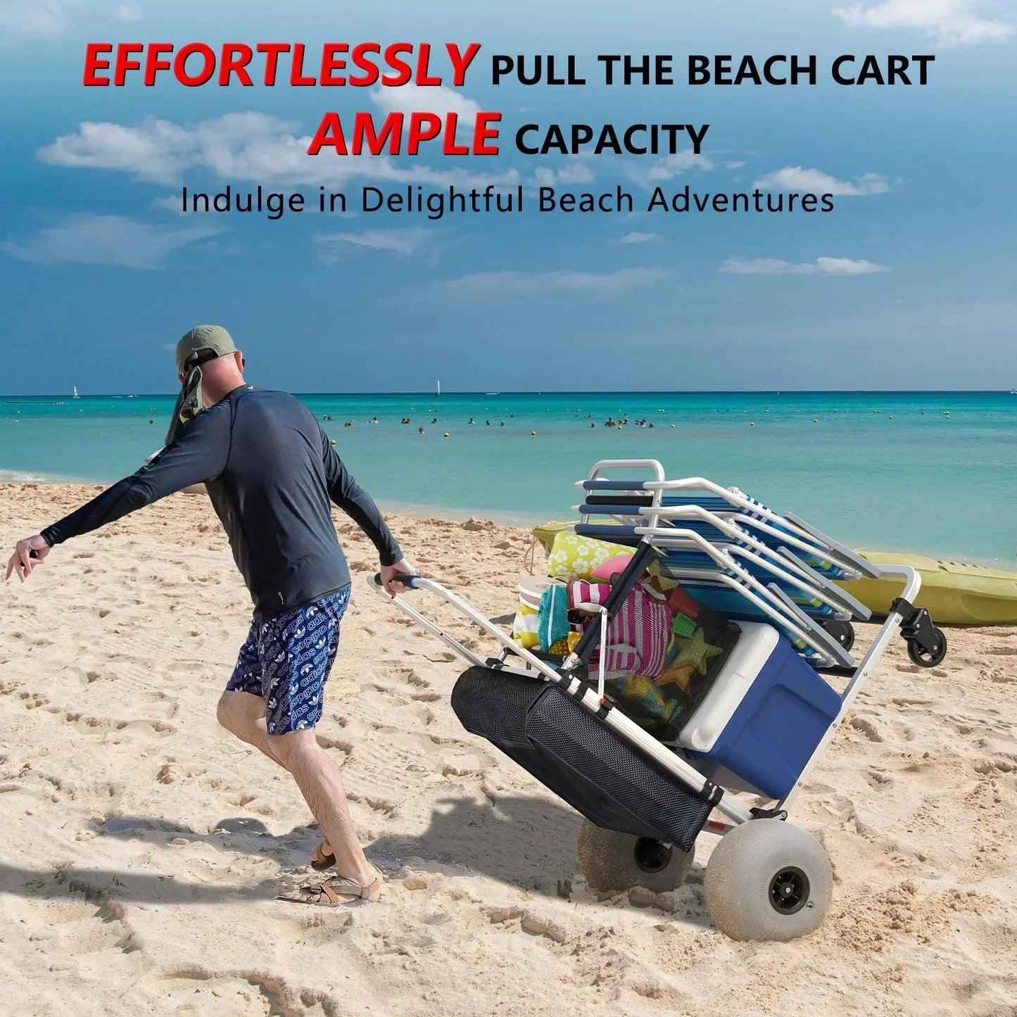 Foldable Beach Cart With Adjustable Handle And 12 In. Balloon Wheels, Heavy Duty Aluminum 220lbs Capacity