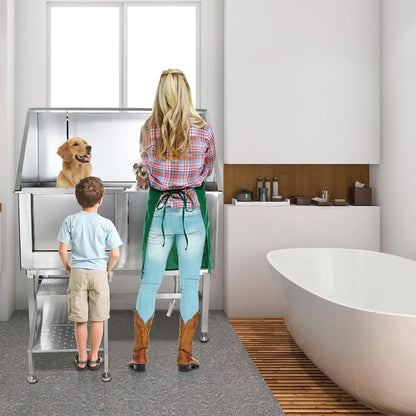 50 In. Dog Wash Bathtub, Pet Wash Station, Professional Stainless Steel Dog Grooming Tub With Ramp, Faucet, Sprayer, Drain Kit, Right Door