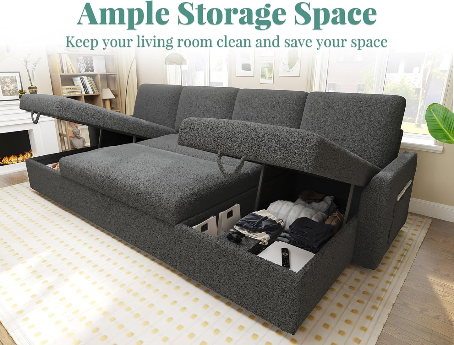 VanAcc Sofa Bed, Sleeper Sofa With Storage Chaise 2-in-1 Pull Out Couch Living Room