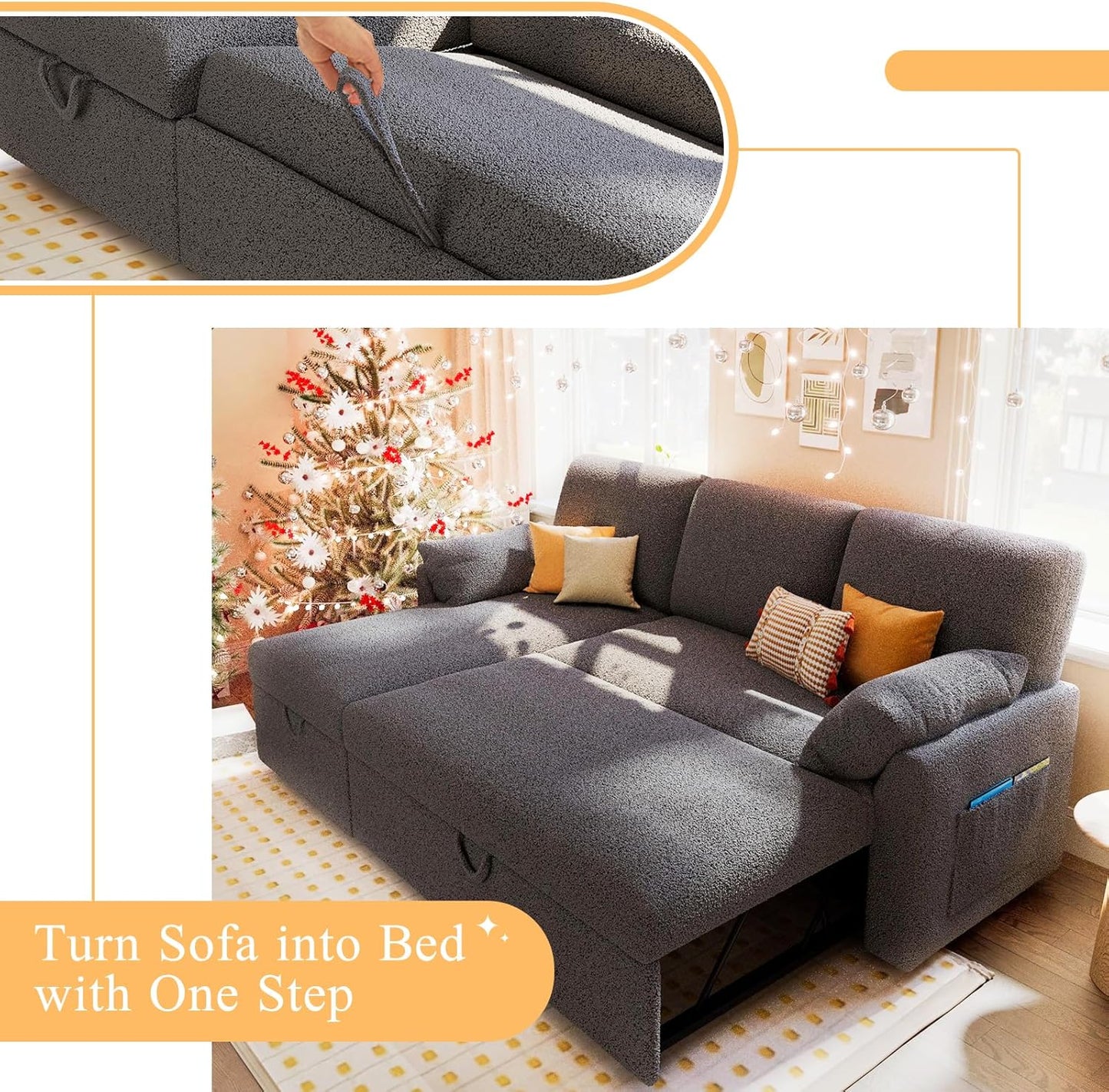 VanAcc Sofa Bed, Sleeper Sofa With Storage Chaise 2-in-1 Pull Out Couch Living Room