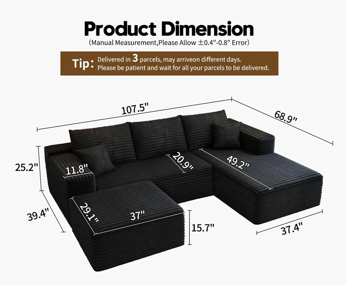 107.5 In. Cloud Modular Sectional Sofa Couch With L-Shape Chaise, Modern Minimalist Upholstered Couches For Living Room Bedroom