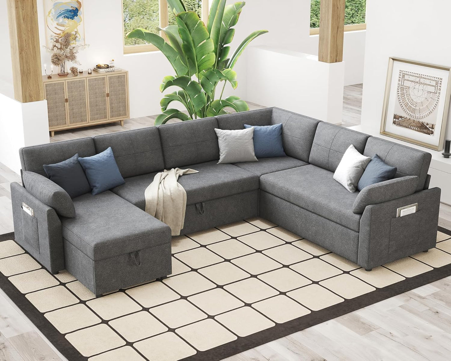 VanAcc Sofa Bed, Sleeper Sofa With Storage Chaise 2-in-1 Pull Out Couch Living Room