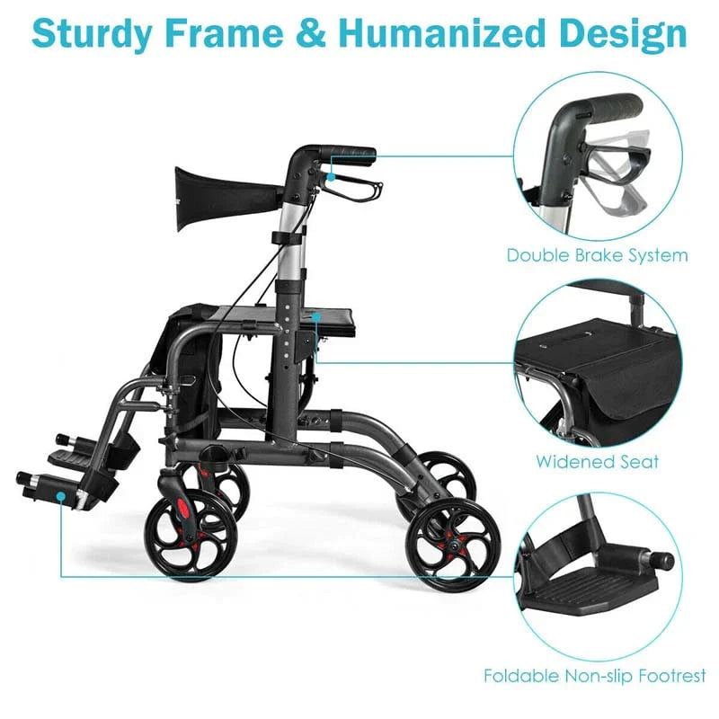 2-in-1 Rollator Walker Wheelchair Folding Medical Walker Aluminum Transport Chair Mobility Walking Aid- Comfortable And Ergonomic Design