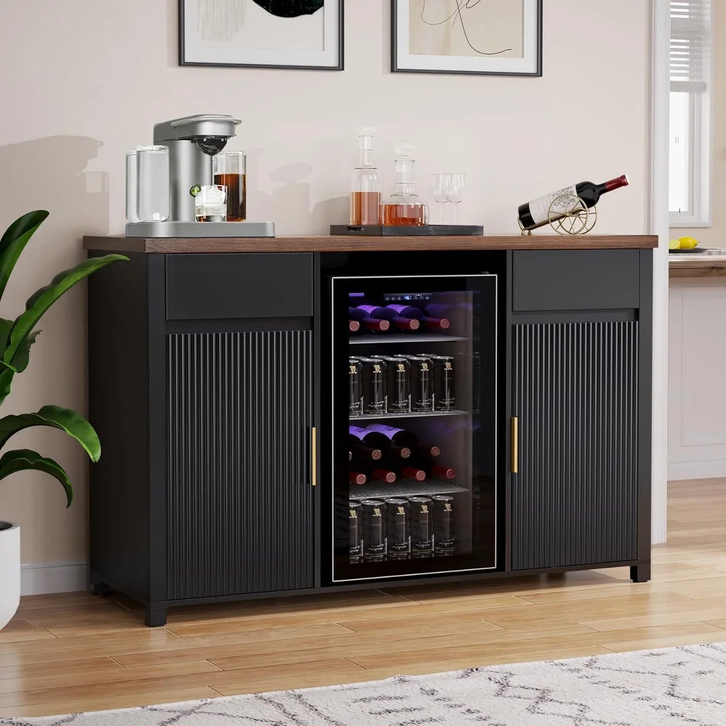 Gdlf Large Coffee Bar Cabinet With Fridge Space, Mini Fridge Cabinet With Wine Storage