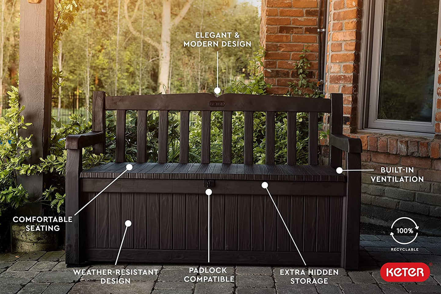 Keter Solana 70 Gallon Storage Bench Deck Box For Patio Furniture, Front Porch Decor And Outdoor Seating