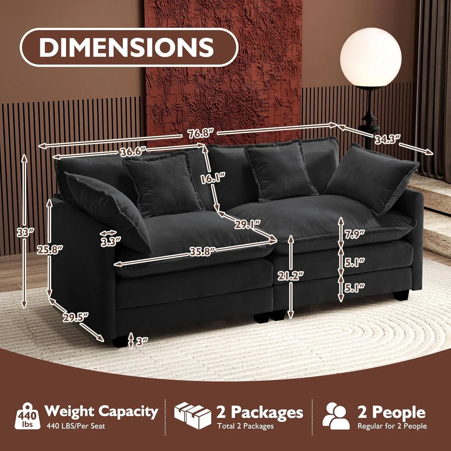111.4 In. L-Shaped Modern Sofa Modular Cloud Sofa Ottoman 4-Seater Chenille Deep Seat Sofa