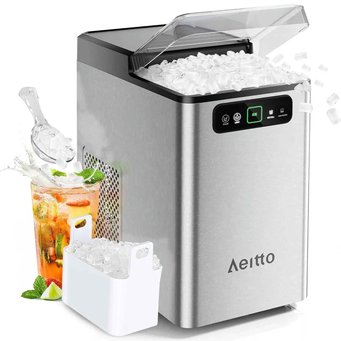 Aeitto Nugget Ice Maker 40Lbs/24H, Countertop Soft Chewable Ice Pebble Ice Machine, One-Click Operation
