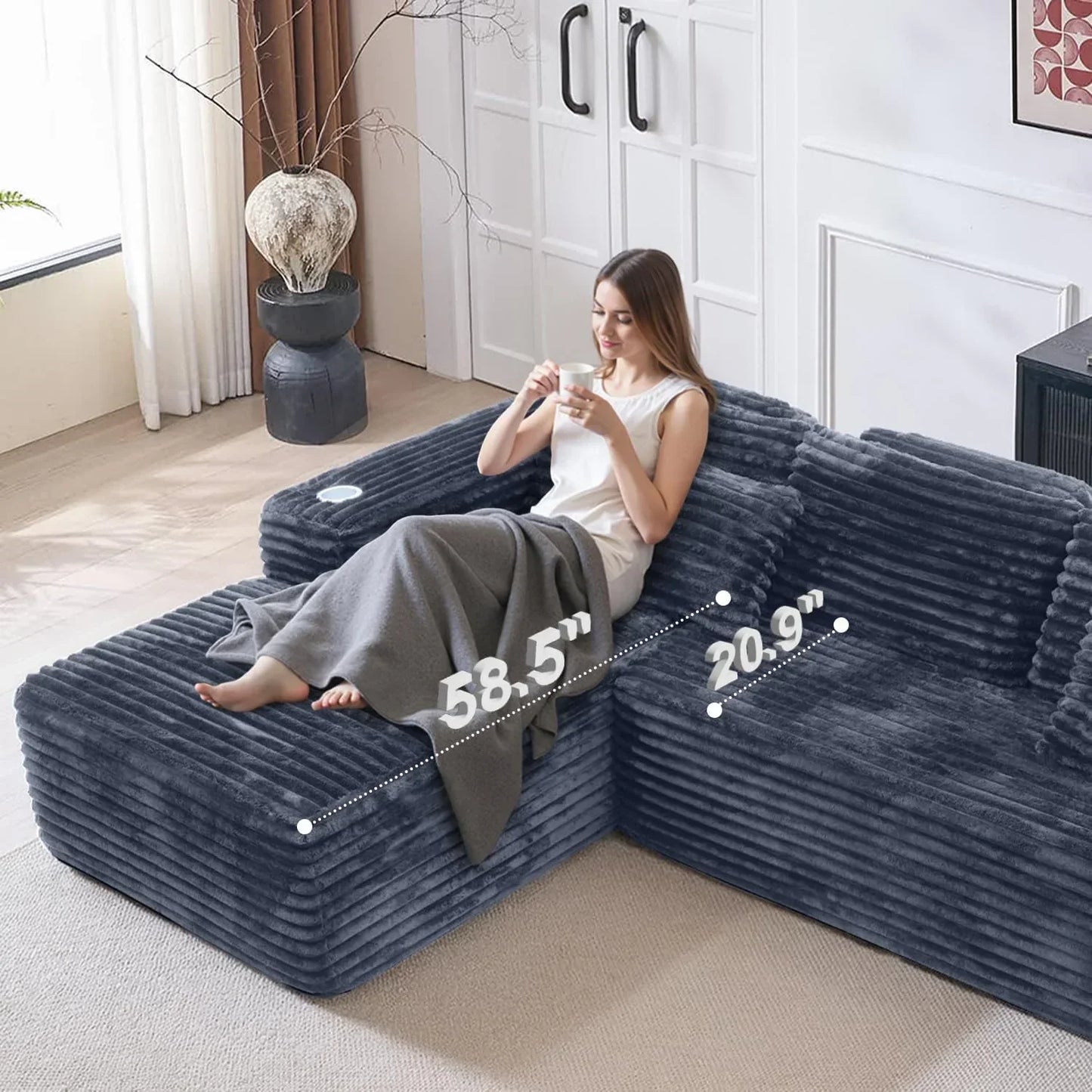 Cloud Section Sofa With L-Shaped Recliner Modern Modular Sofa Built-In Cup Holder
