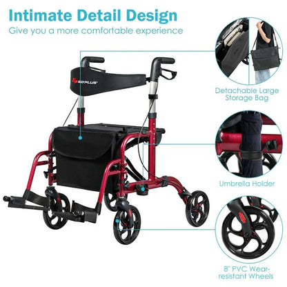 2-in-1 Rollator Walker Wheelchair Folding Medical Walker Aluminum Transport Chair Mobility Walking Aid- Comfortable And Ergonomic Design