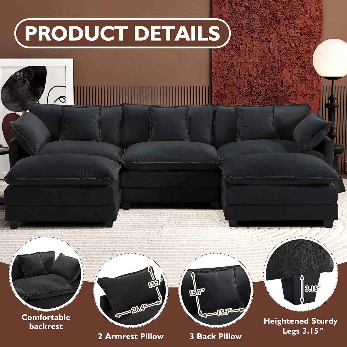 111.4 In. L-Shaped Modern Sofa Modular Cloud Sofa Ottoman 4-Seater Chenille Deep Seat Sofa
