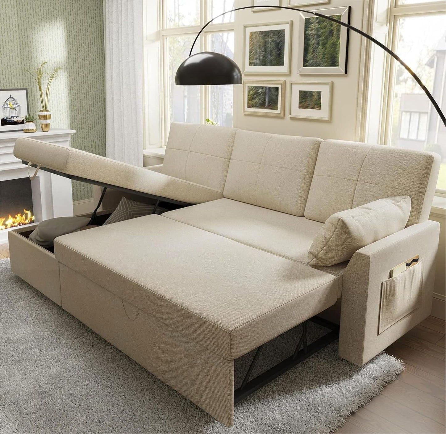 VanAcc Sofa Bed, Sleeper Sofa With Storage Chaise 2-in-1 Pull Out Couch Living Room
