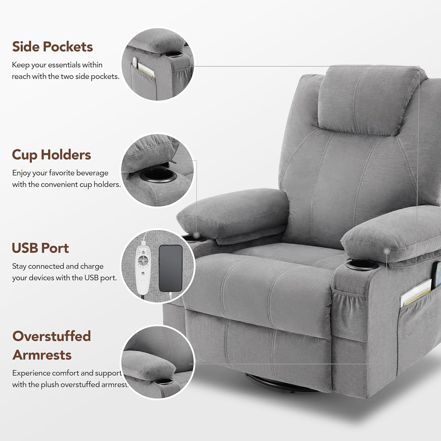 Oversized Swivel Rocker Recliner Chair With Heat And Massage, 360 Degree Swivel Rocking Single Sofa With Cup Holders And USB Port