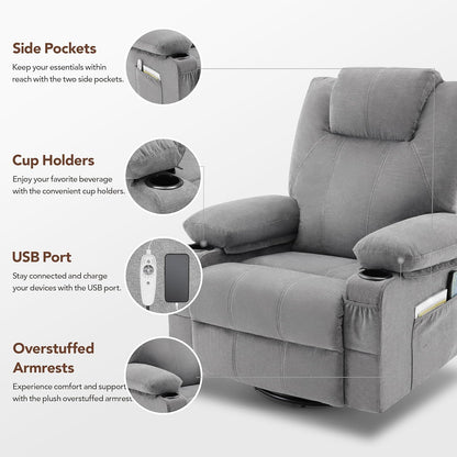 Oversized Swivel Rocker Recliner Chair With Heat And Massage, 360 Degree Swivel Rocking Single Sofa With Cup Holders And USB Port