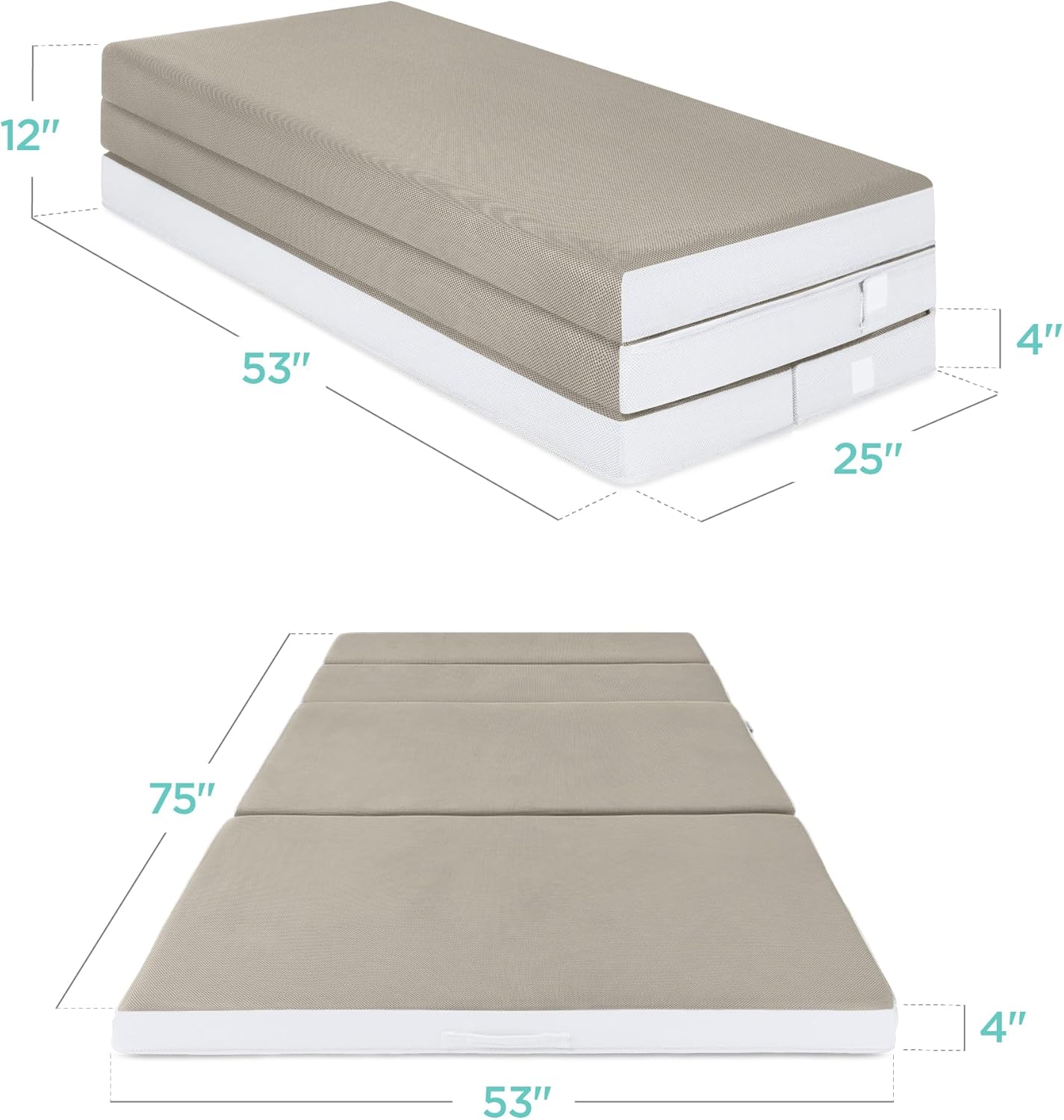 Best Choice Products 4 In. Portable Queen-Size Mattress, Tri-Fold Mattress For Camping, Guest, Toddler, Foam Plush w/Carry Case- Grey