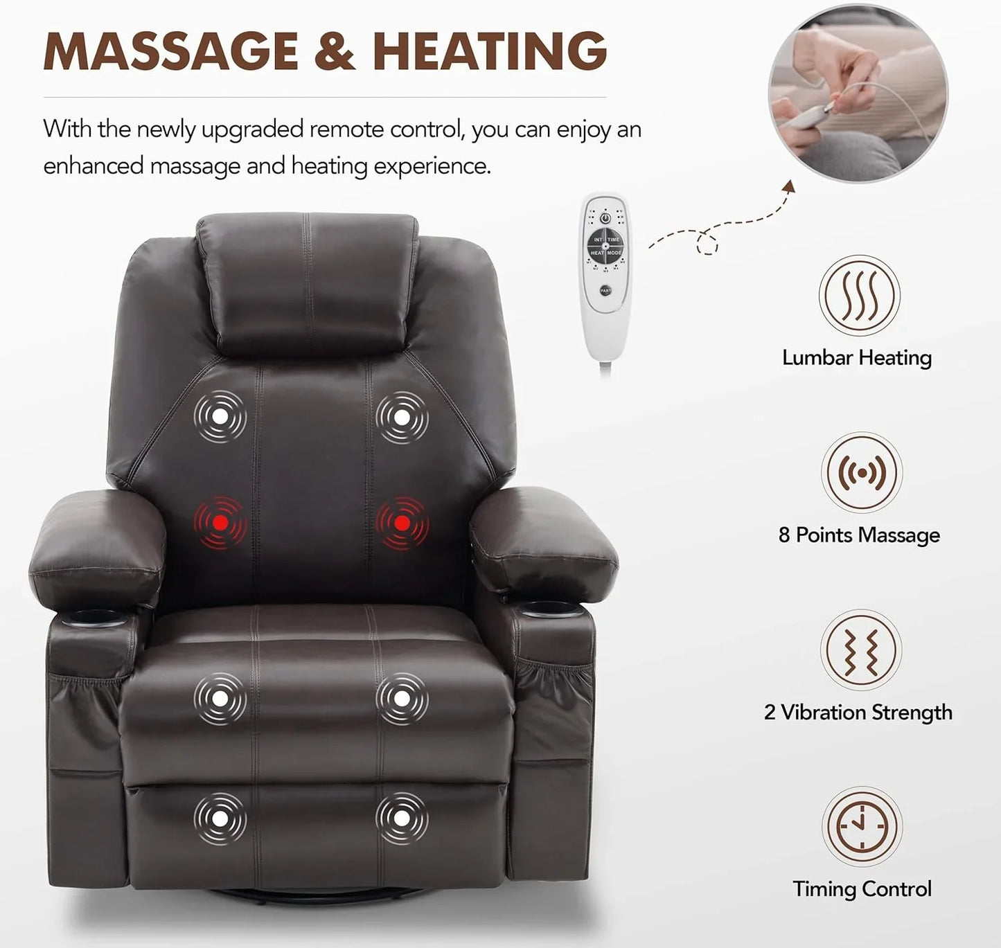 Oversized Swivel Rocker Recliner Chair With Heat And Massage, 360 Degree Swivel Rocking Single Sofa With Cup Holders And USB Port