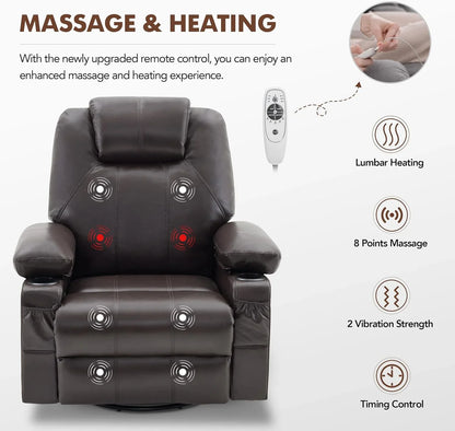 Oversized Swivel Rocker Recliner Chair With Heat And Massage, 360 Degree Swivel Rocking Single Sofa With Cup Holders And USB Port