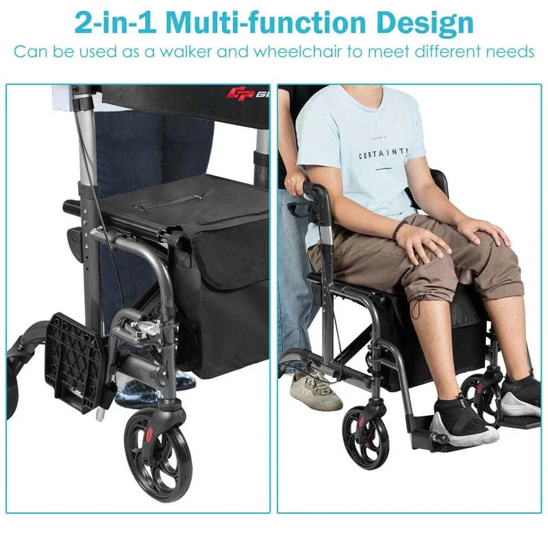 2-in-1 Rollator Walker Wheelchair Folding Medical Walker Aluminum Transport Chair Mobility Walking Aid- Comfortable And Ergonomic Design