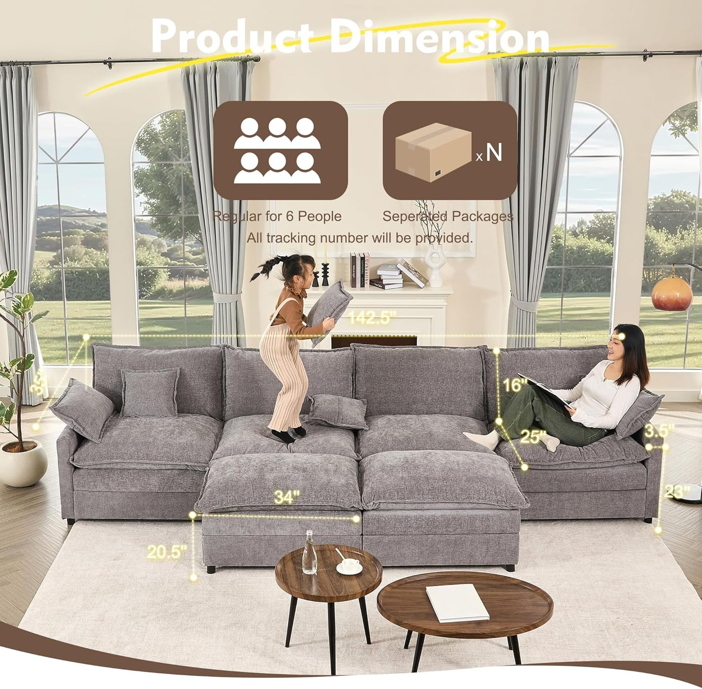 108 In. U Shape Sofa Sectional Sofa Comfortable Cloud Sofa With Removable Footstool