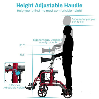2-in-1 Rollator Walker Wheelchair Folding Medical Walker Aluminum Transport Chair Mobility Walking Aid- Comfortable And Ergonomic Design