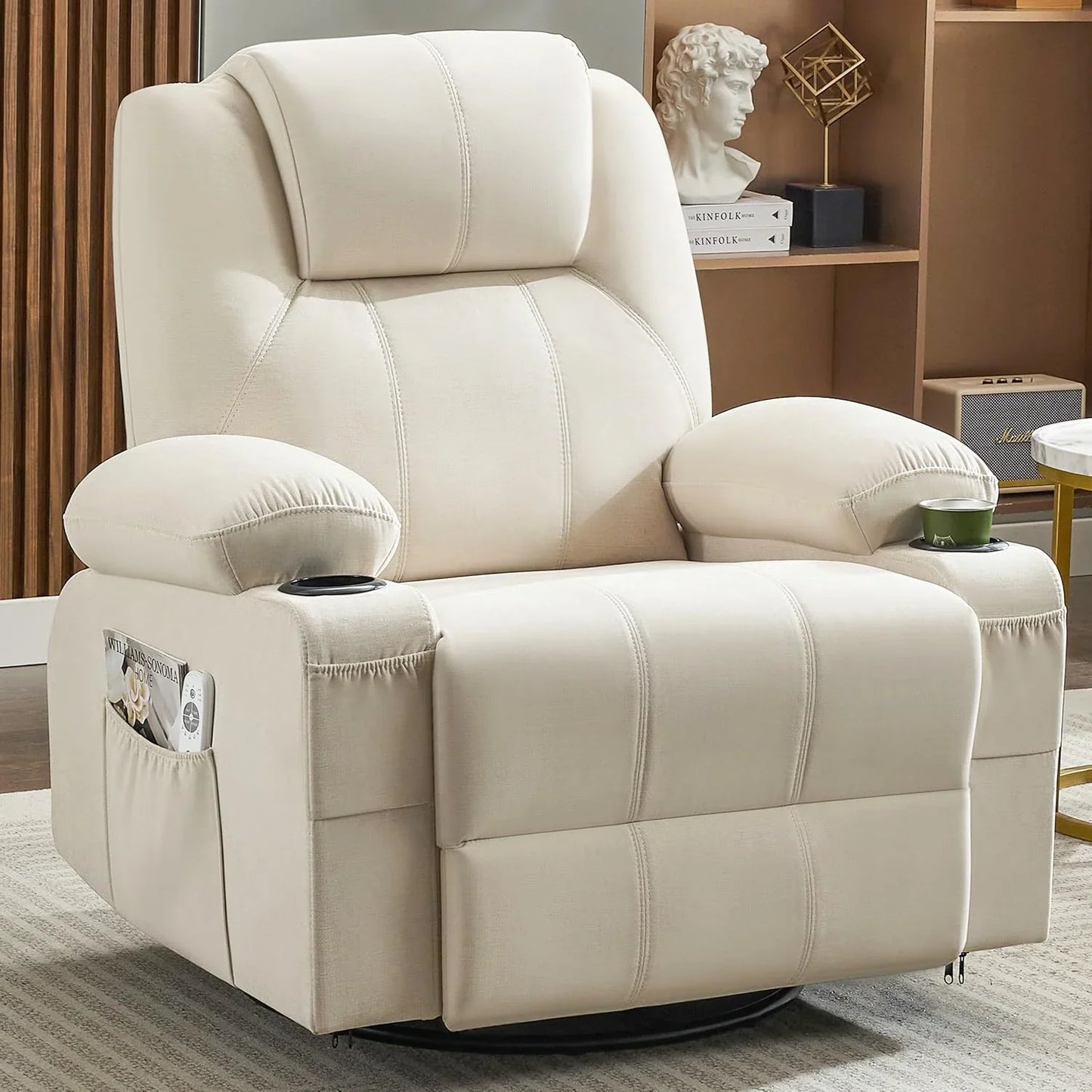 Oversized Swivel Rocker Recliner Chair With Heat And Massage, 360 Degree Swivel Rocking Single Sofa With Cup Holders And USB Port