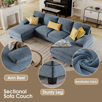 Furmax Sectional Couches For Living Room, U-Shaped Sofa Couch With Linen Fabric, 4 Seat Sofa Set With Double Chaise For Apartment, Fabric, Grey