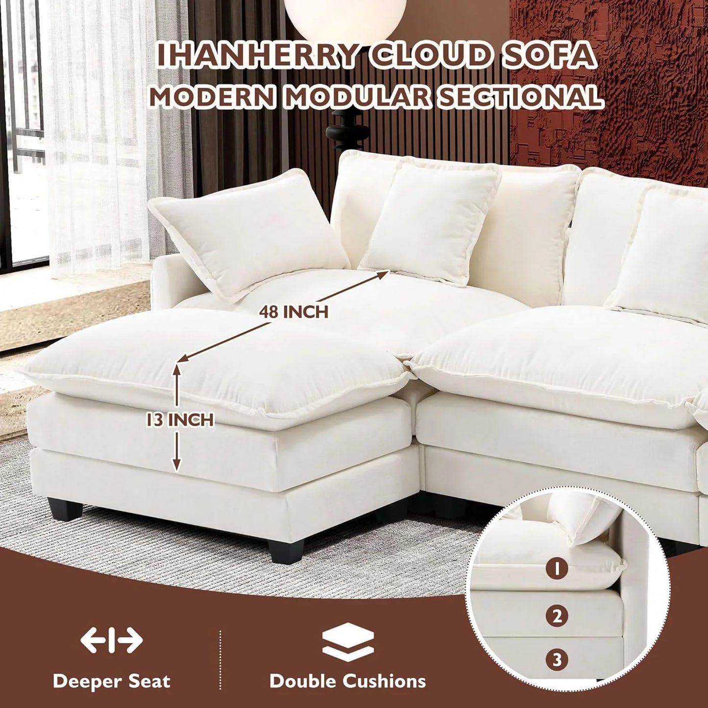 Ihanherry 146 In. U-Shaped Modern Sofa Modular Sectional Cloud Couch With 2 Ottoman