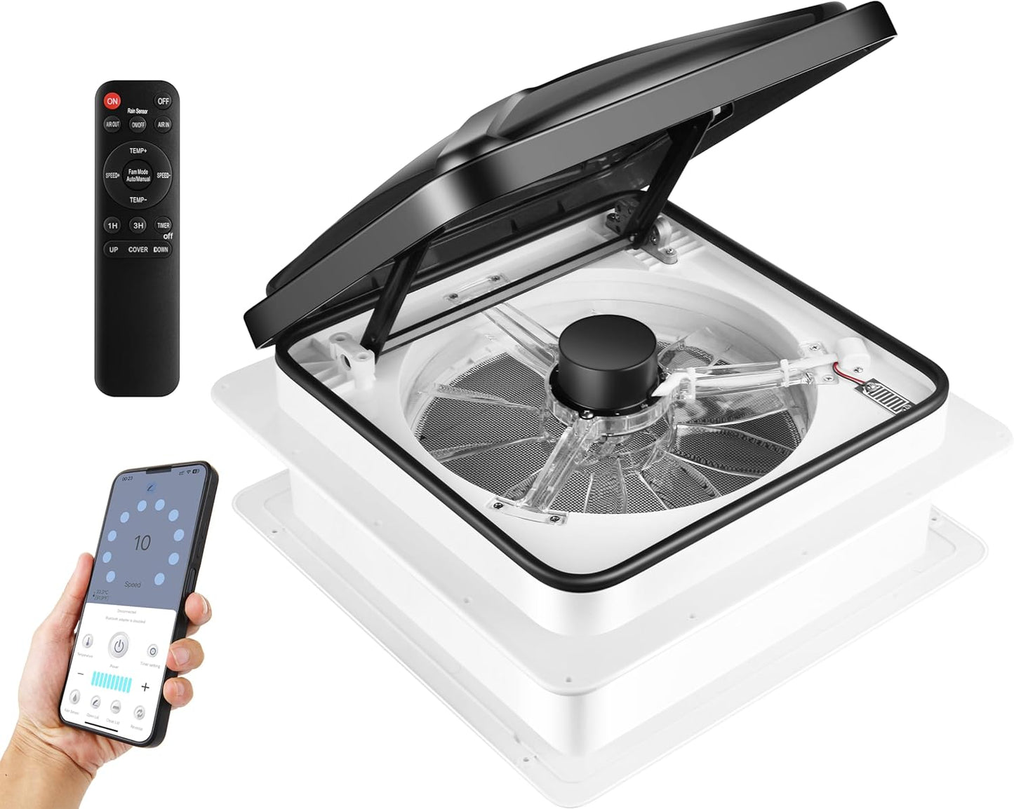 MaxxAir 10 Speed Roof Vent Fan 12V With Thermostat, Rain Sensor, Remote And App Control, 14 In. x 14 In. Reversible Powered Lift