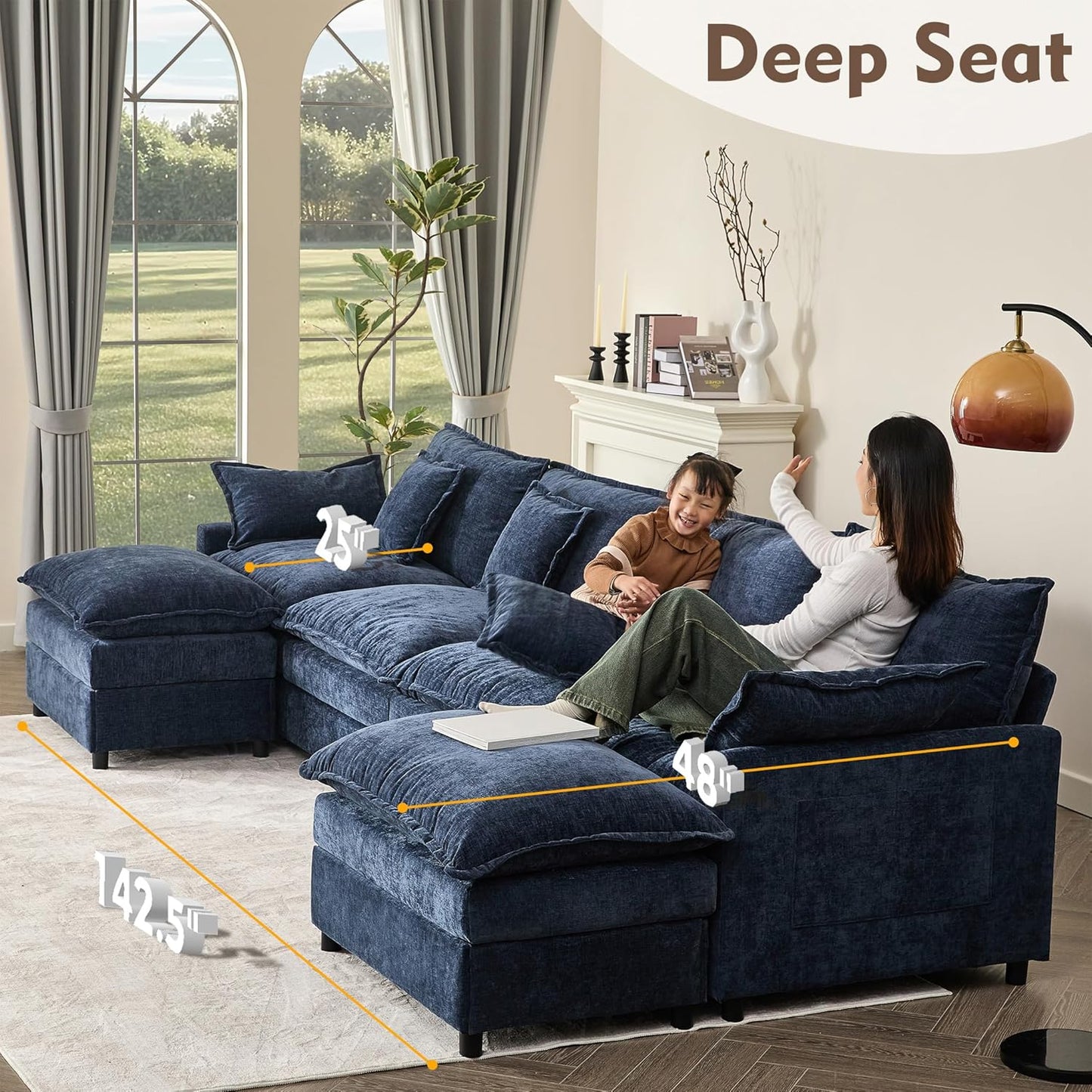 108 In. U Shape Sofa Sectional Sofa Comfortable Cloud Sofa With Removable Footstool