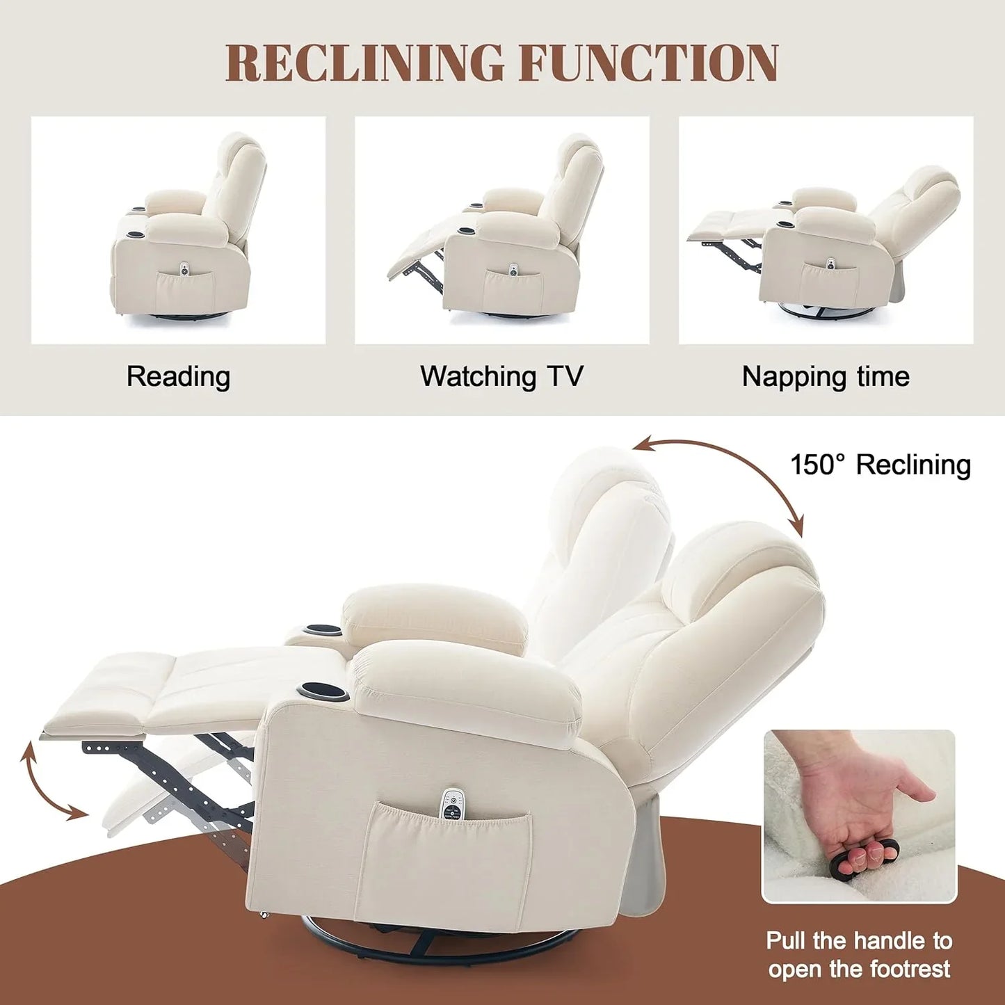 Oversized Swivel Rocker Recliner Chair With Heat And Massage, 360 Degree Swivel Rocking Single Sofa With Cup Holders And USB Port