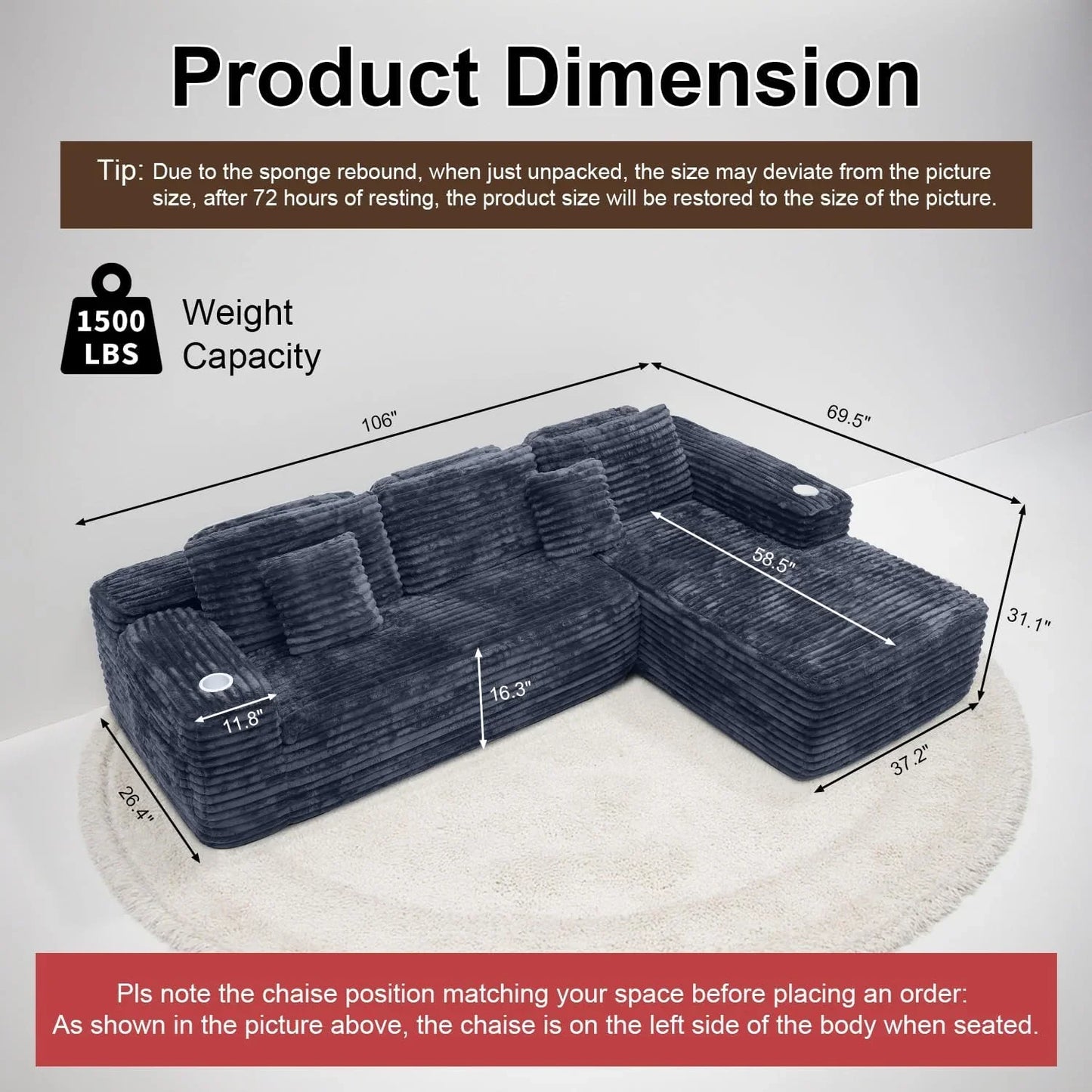 Cloud Sectional Couch With L-Shape Chaise, Modern Modular Sofa With Deep Seat, Built-In Cup Holder And Storage Pocket For Living Room Bedroom