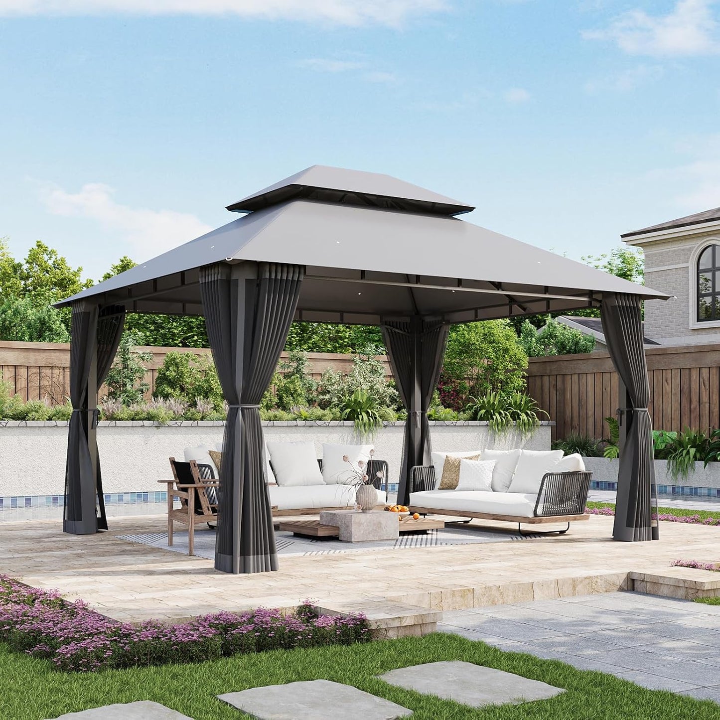 Aoxun Outdoor Gazebo For Patio 10x12, Metal Frame Canopy With Double Roofs